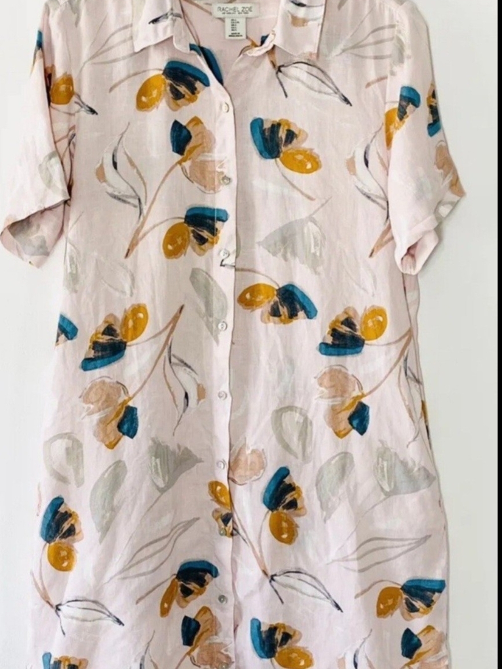 Rachel Zoe 100% Linen Abstract Floral Button Up Shirt Dress with Pockets Sz L